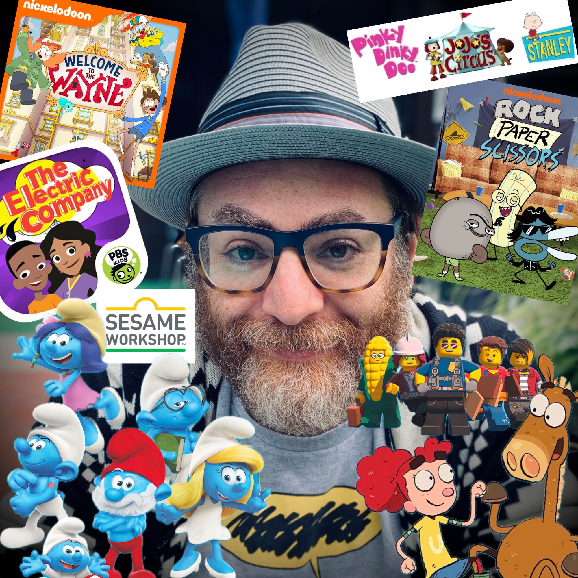 Jason Oliveri surrounded by characters from his producing credits including The Smurfs, Rock Paper Scissors, Welcome to the Wayne, LEGO City Adventures, and more